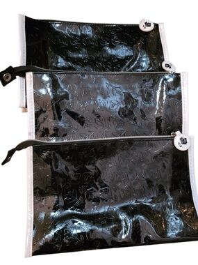 Lancome Glossy Black Rosette Pattern Cosmetic Pouch with White Trim